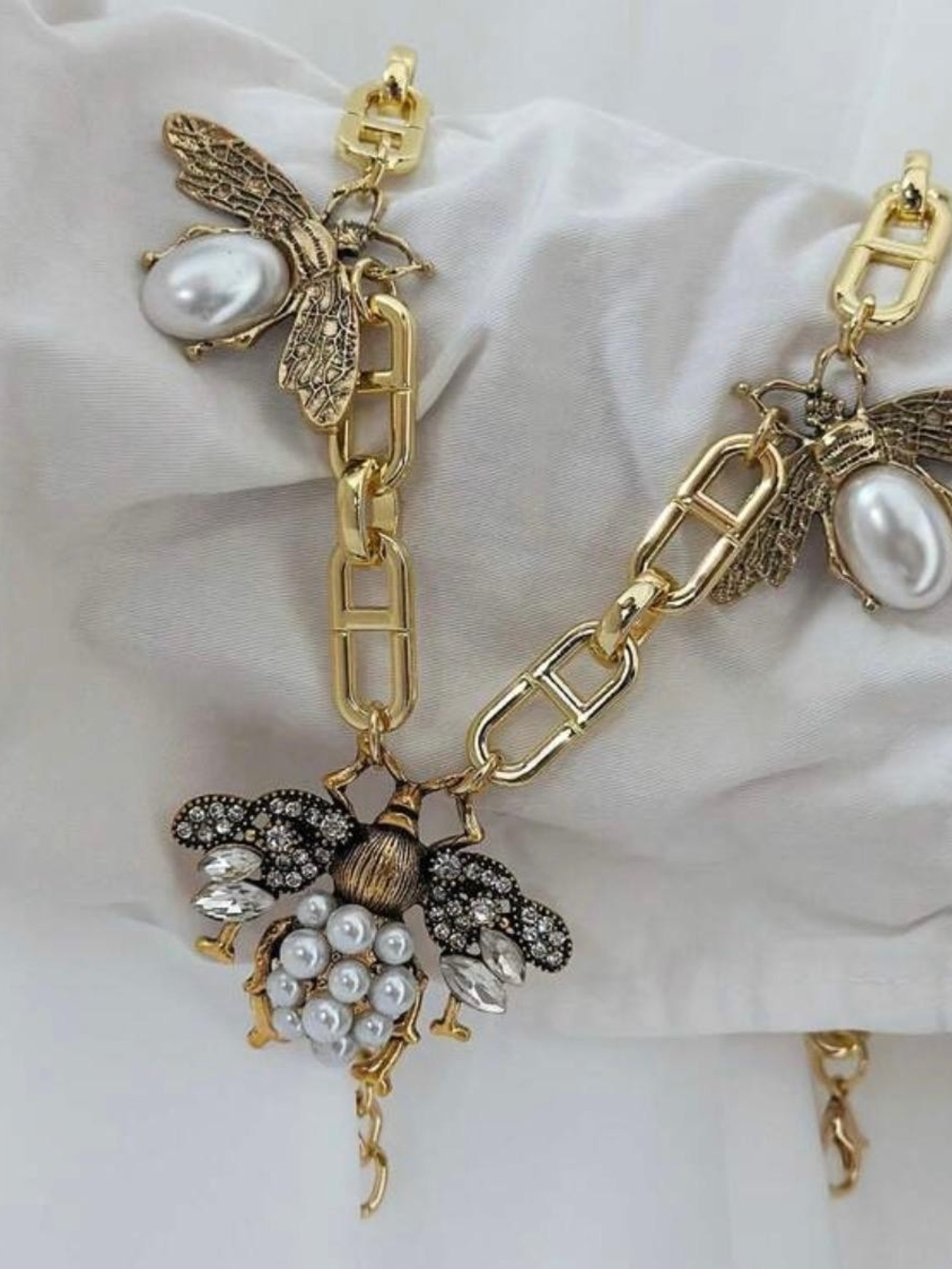 Gold Bee and Pearl Statement Necklace - Picture 2 of 5